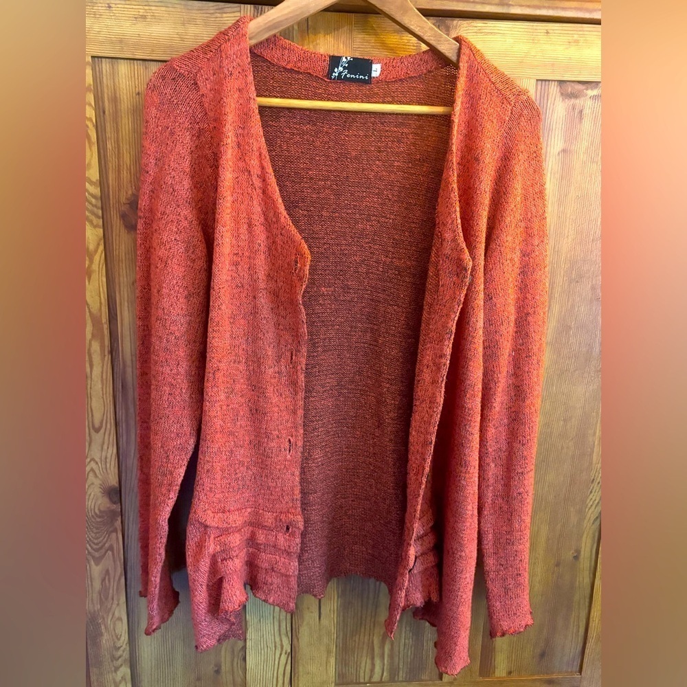 FENINI Designer Burnt Orange Textured Knit Cardigan • Artful Layering•Fits M–XL - Picture 5 of 17